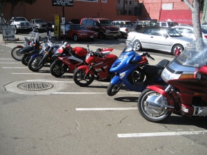 6 motorcycles parked in a row in San Diego